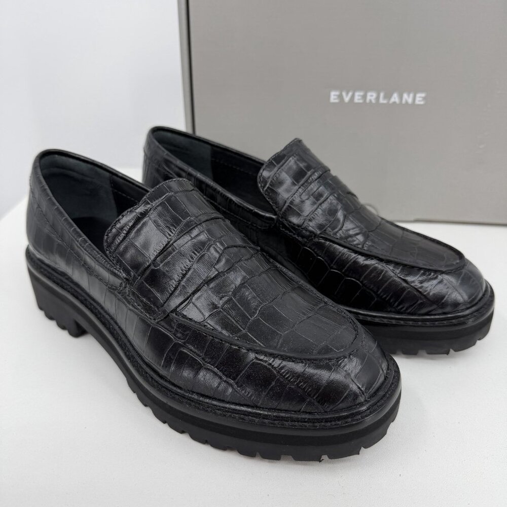 Everlane The Lug Loafer in Black Crocodile Leather sz 9.5 Women's Chunky Heel